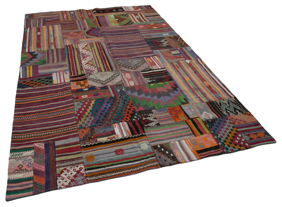 Anadolu Patchwork Multi Renk Pamuk Üzerine Yün El Dokuma Kilim-202x301 - Görsel 2