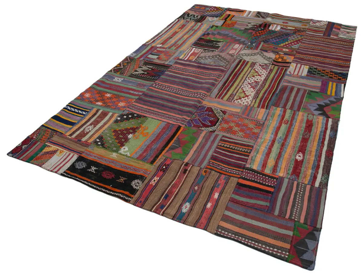 Anadolu Patchwork Multi Renk Pamuk Üzerine Yün El Dokuma Kilim-202x301 - Görsel 3