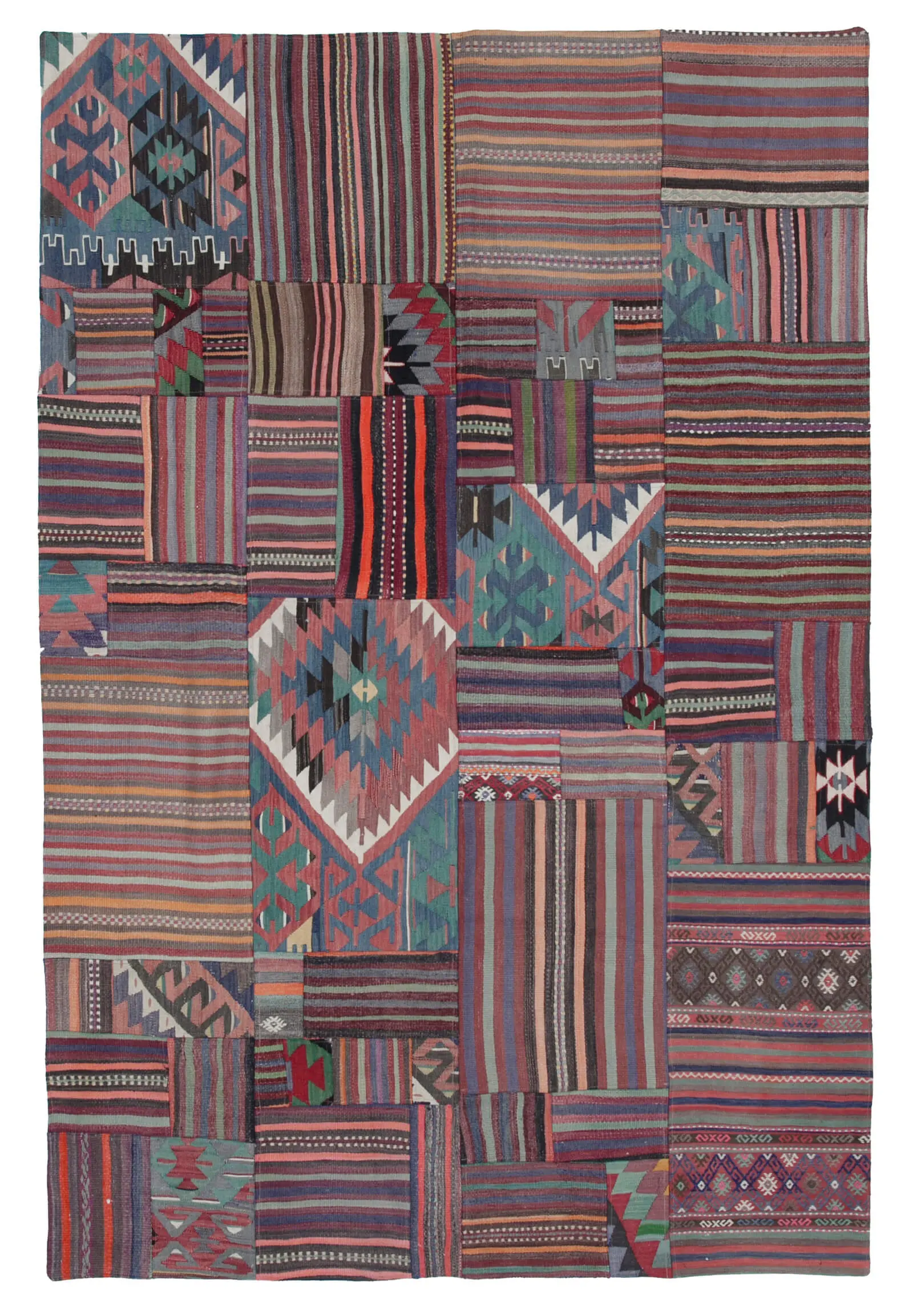 Anadolu Patchwork Multi Renk Pamuk Üzerine Yün El Dokuma Kilim-201x301 - Görsel 1