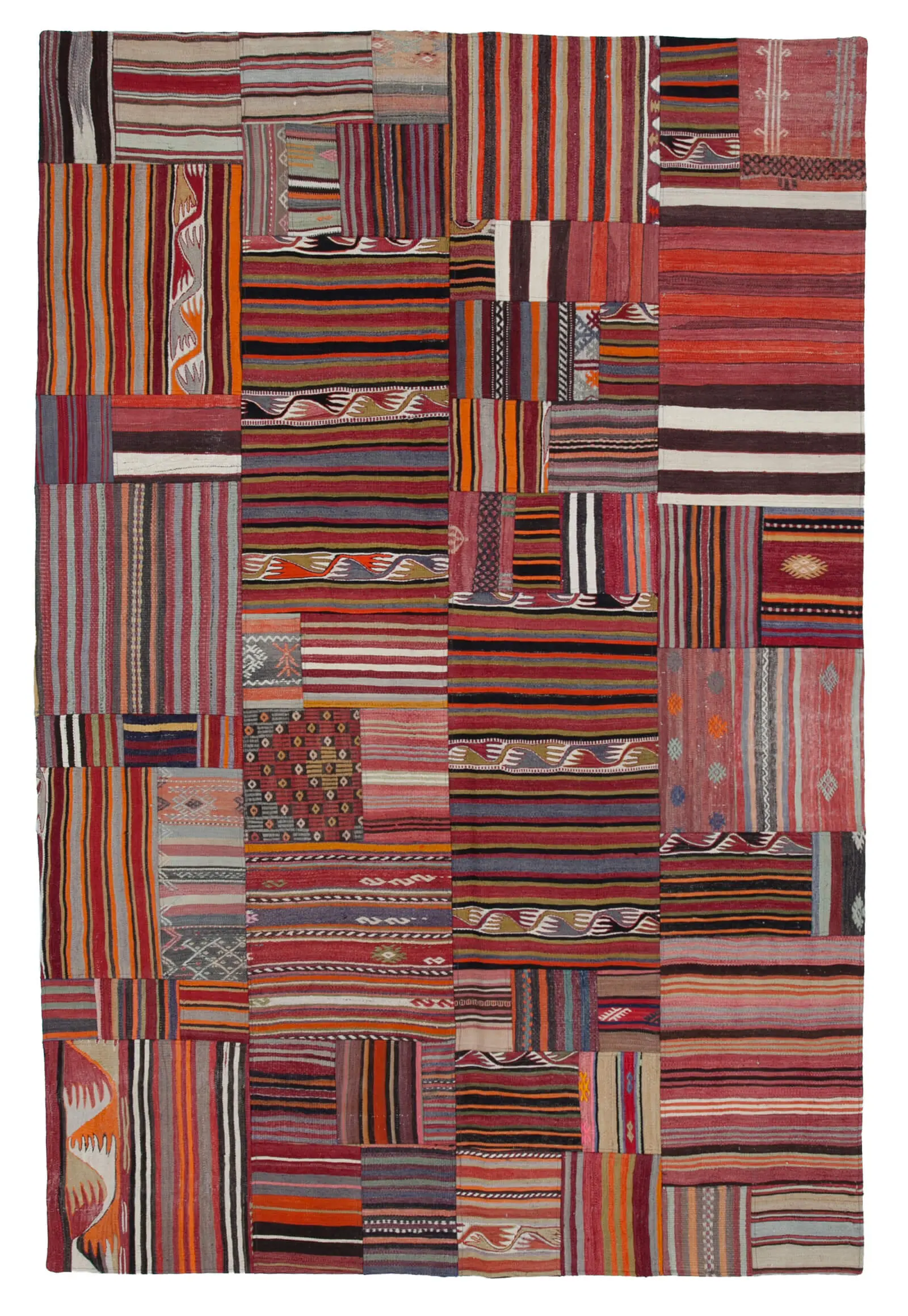 Anadolu Patchwork Multi Renk Pamuk Üzerine Yün El Dokuma Kilim-201x301 - Görsel 1