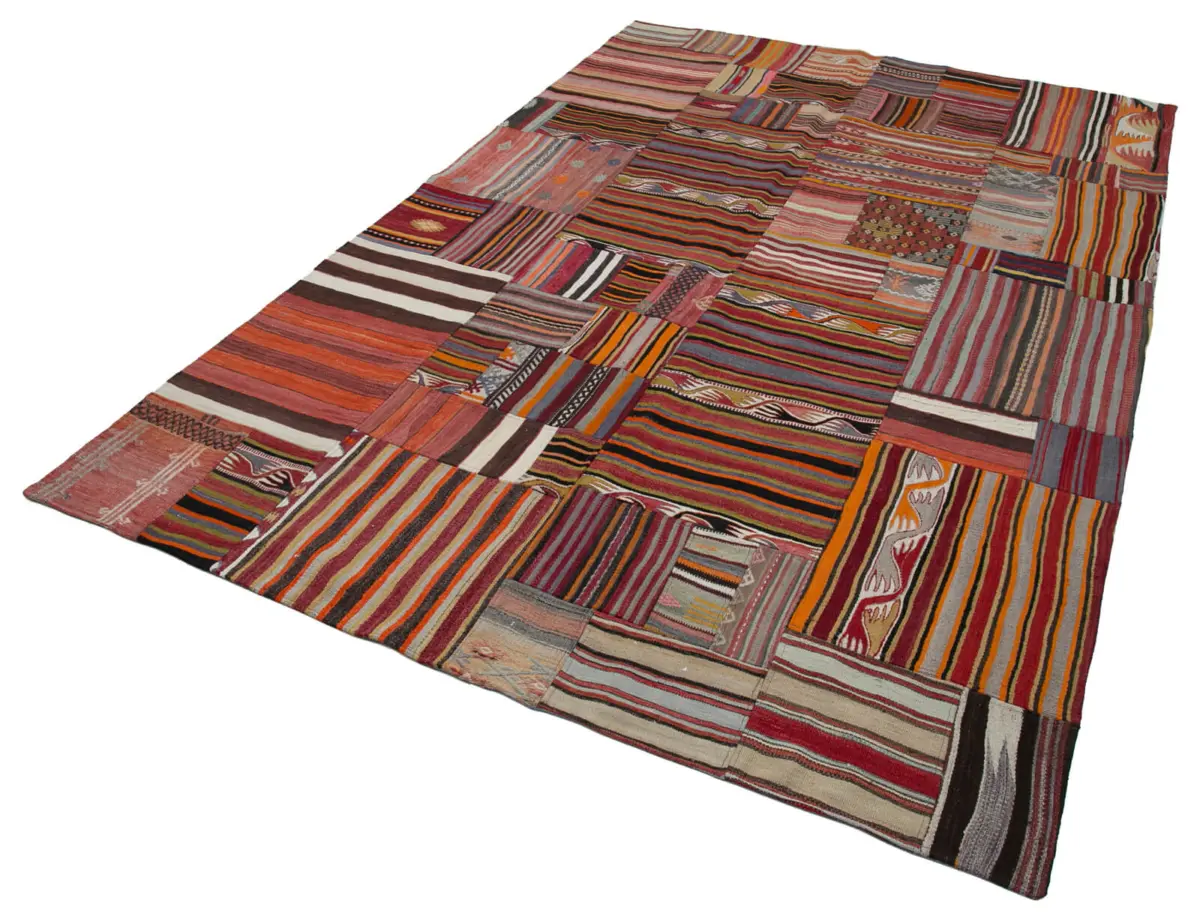 Anadolu Patchwork Multi Renk Pamuk Üzerine Yün El Dokuma Kilim-201x301 - Görsel 3