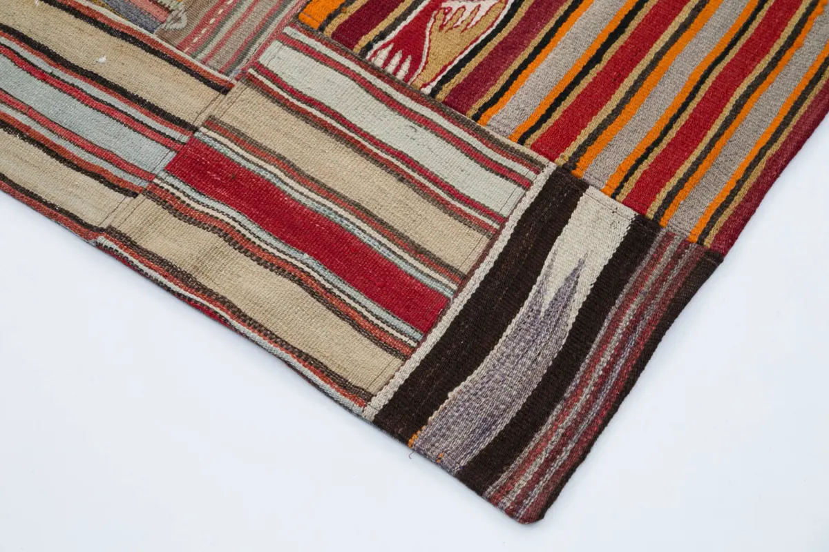 Anadolu Patchwork Multi Renk Pamuk Üzerine Yün El Dokuma Kilim-201x301 - Görsel 4