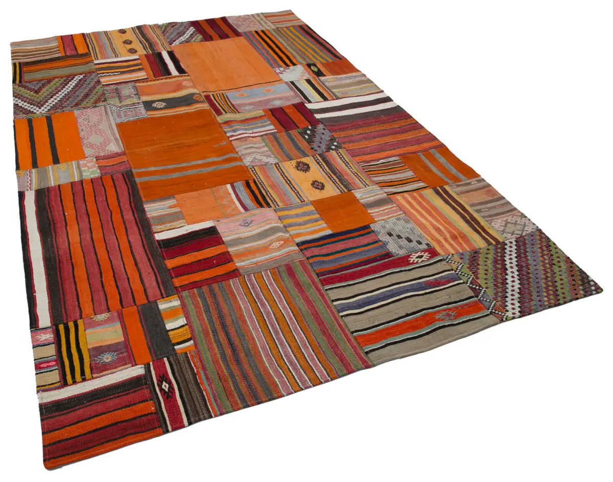 Anadolu Patchwork Multi Renk Pamuk Üzerine Yün El Dokuma Kilim-201x300 - Görsel 2