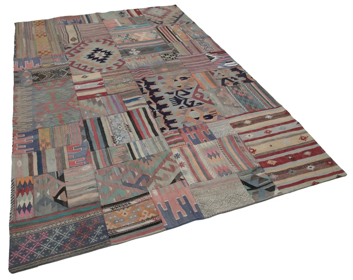 Anadolu Patchwork Multi Renk Pamuk Üzerine Yün El Dokuma Kilim-202x302 - Görsel 2