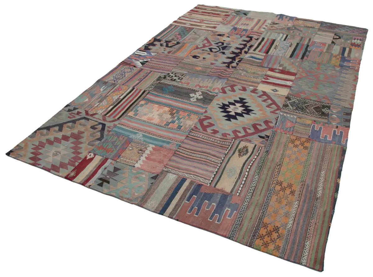 Anadolu Patchwork Multi Renk Pamuk Üzerine Yün El Dokuma Kilim-202x302 - Görsel 3