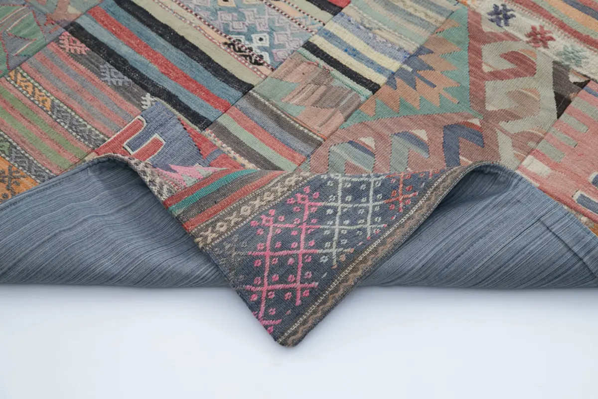 Anadolu Patchwork Multi Renk Pamuk Üzerine Yün El Dokuma Kilim-202x302 - Görsel 5