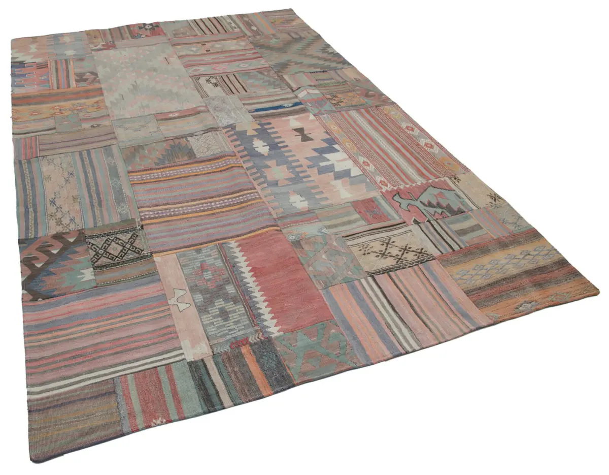 Anadolu Patchwork Bej Renk Pamuk Üzerine Yün El Dokuma Kilim-201x302 - Görsel 2