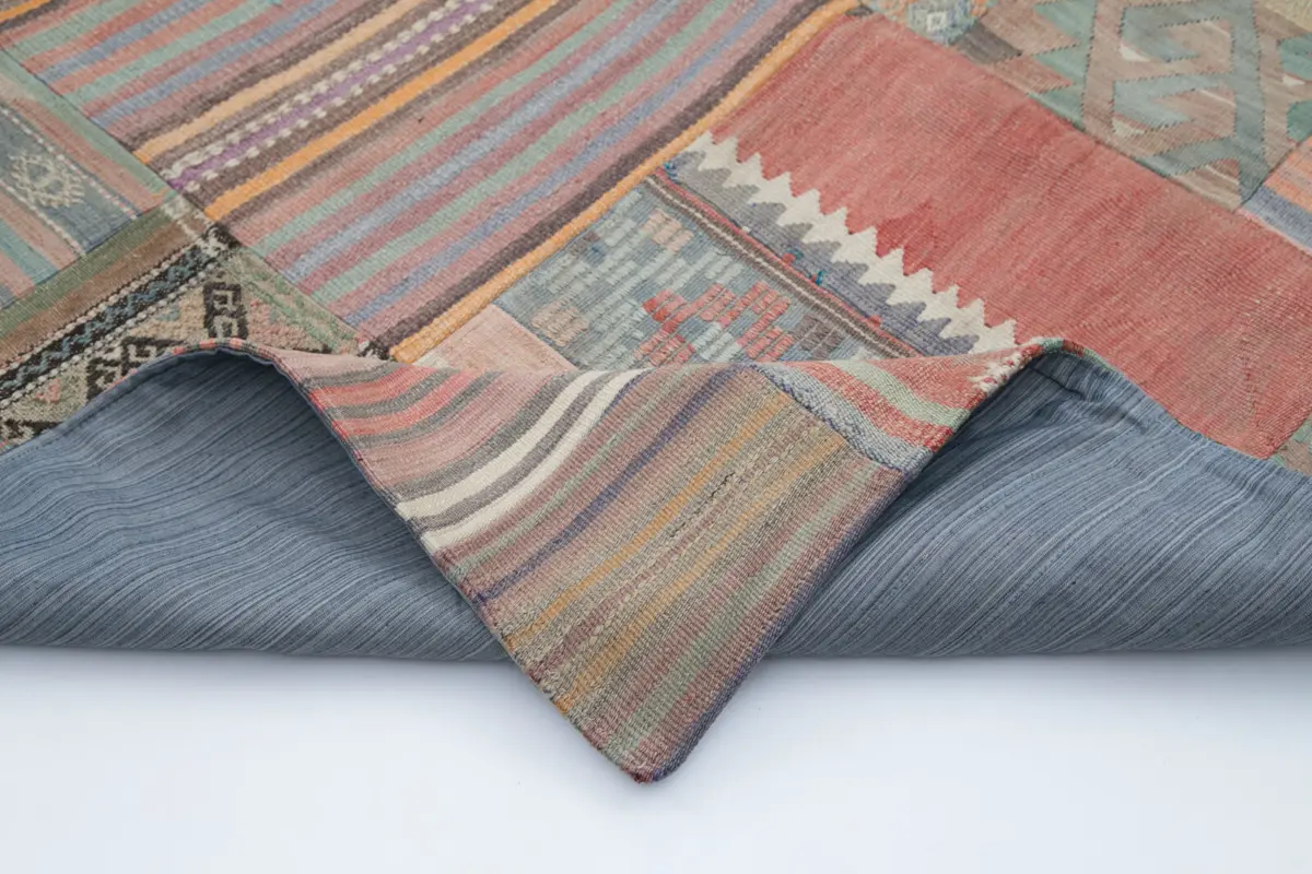 Anadolu Patchwork Bej Renk Pamuk Üzerine Yün El Dokuma Kilim-201x302 - Görsel 5