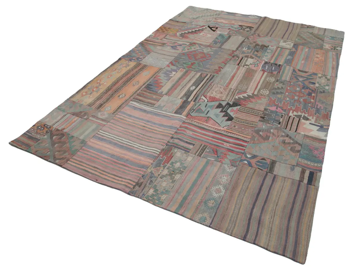Anadolu Patchwork Bej Renk Pamuk Üzerine Yün El Dokuma Kilim-202x300 - Görsel 3