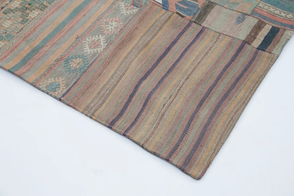Anadolu Patchwork Bej Renk Pamuk Üzerine Yün El Dokuma Kilim-202x300 - Görsel 4
