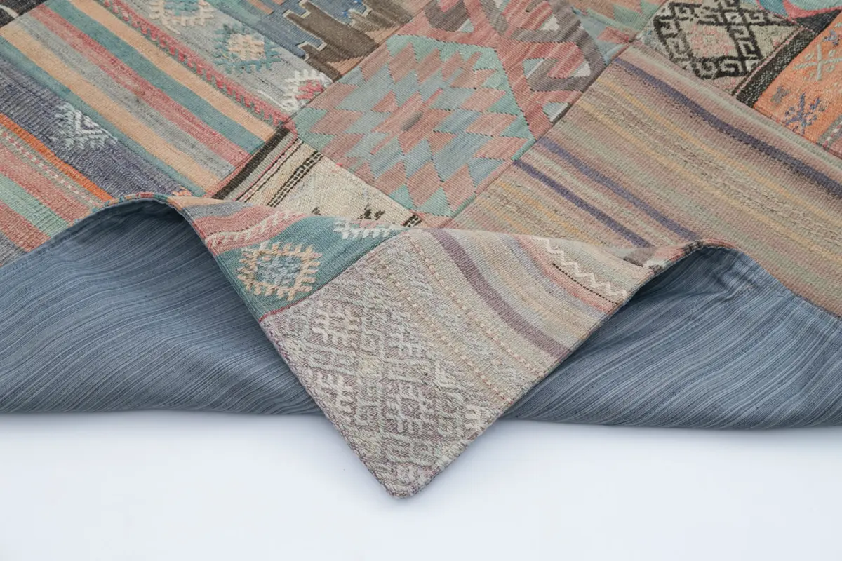Anadolu Patchwork Bej Renk Pamuk Üzerine Yün El Dokuma Kilim-202x300 - Görsel 5