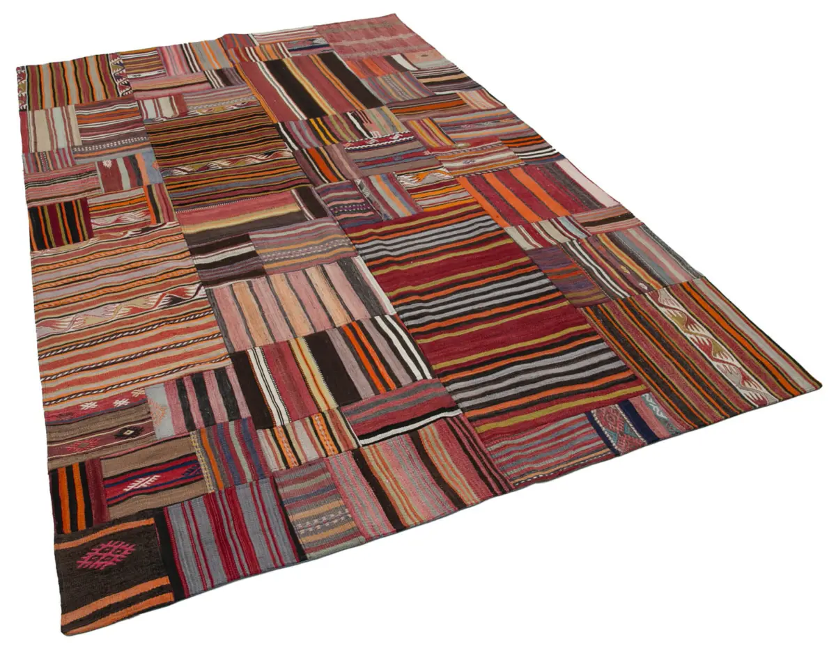 Anadolu Patchwork Turuncu Renk Pamuk Üzerine Yün El Dokuma Kilim-201x300 - Görsel 2