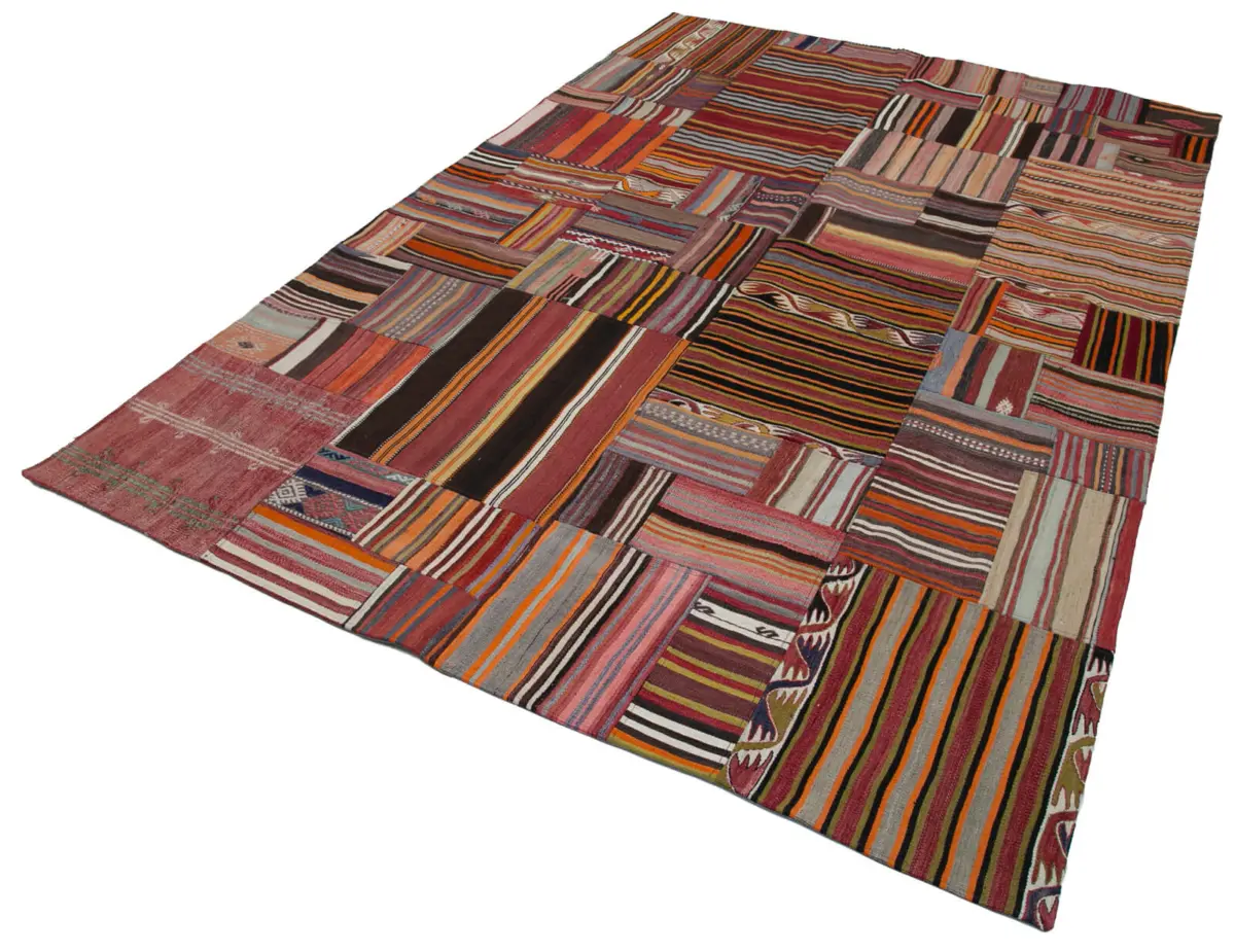 Anadolu Patchwork Turuncu Renk Pamuk Üzerine Yün El Dokuma Kilim-201x300 - Görsel 3