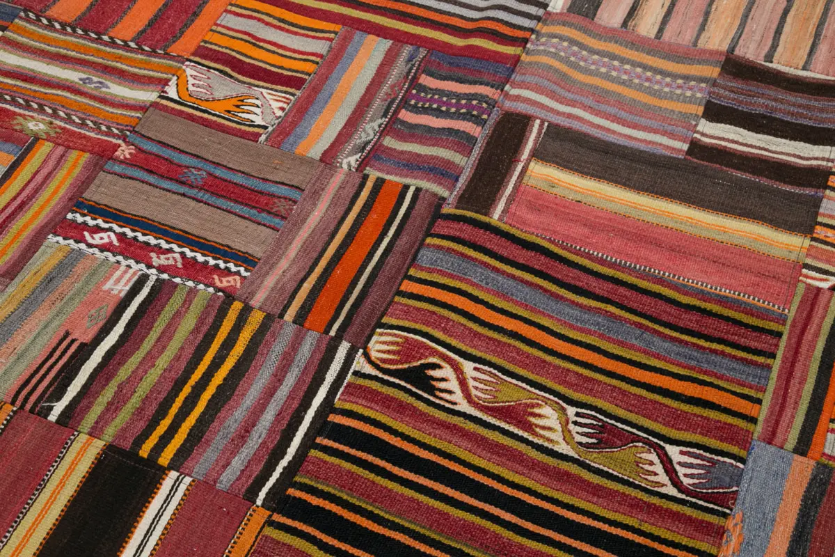 Anadolu Patchwork Turuncu Renk Pamuk Üzerine Yün El Dokuma Kilim-201x300 - Görsel 6