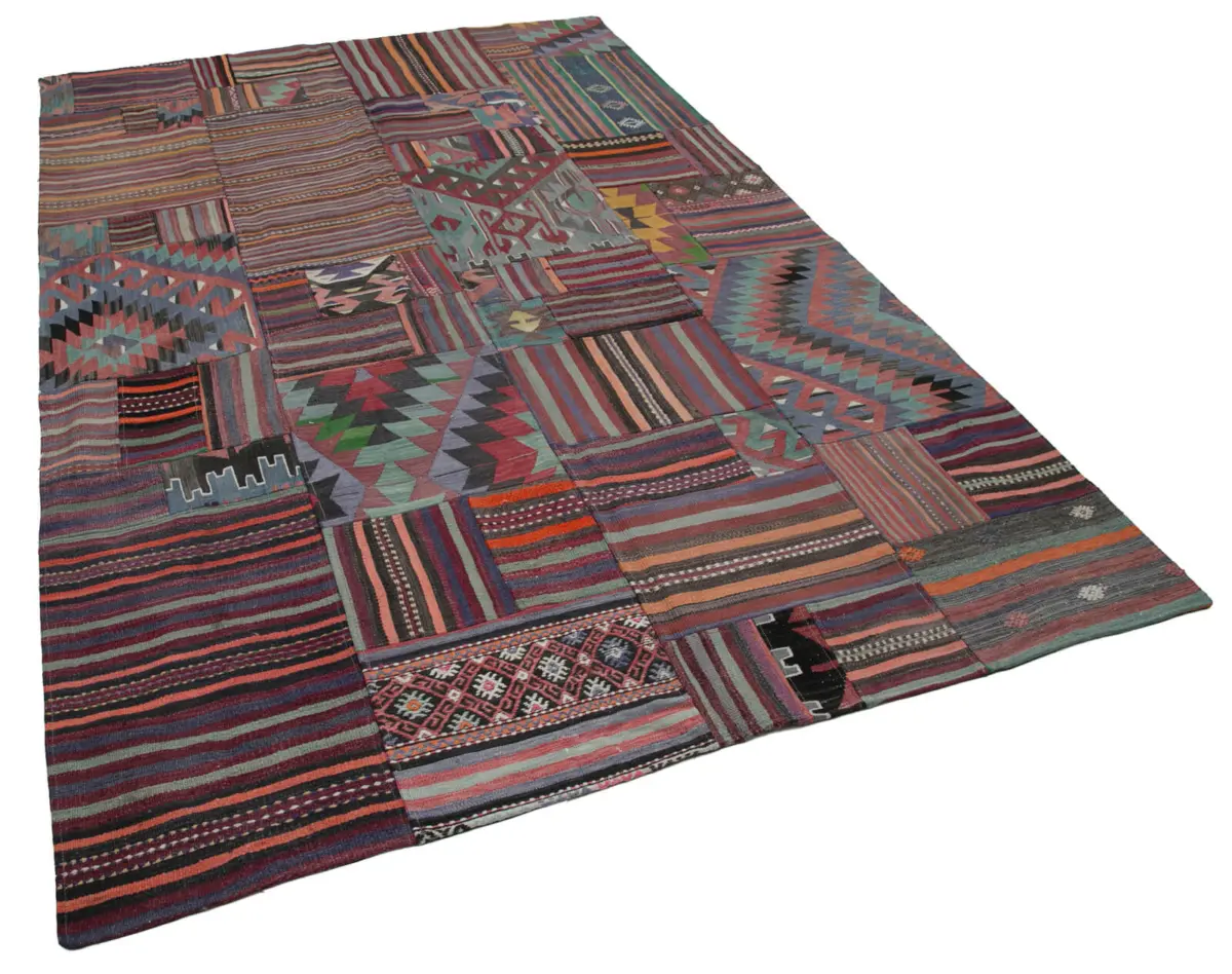 Anadolu Patchwork Multi Renk Pamuk Üzerine Yün El Dokuma Kilim-200x300 - Görsel 2