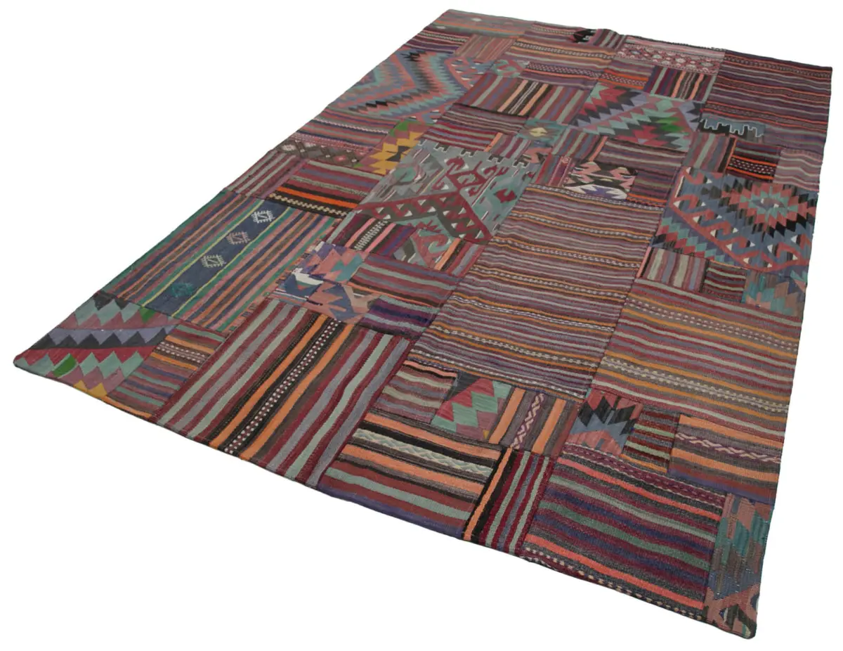 Anadolu Patchwork Multi Renk Pamuk Üzerine Yün El Dokuma Kilim-200x300 - Görsel 3