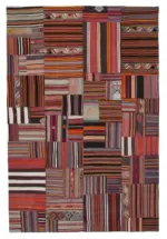 Anadolu Patchwork Multi Renk Pamuk Üzerine Yün El Dokuma Kilim-201x300
