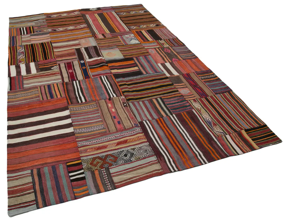 Anadolu Patchwork Multi Renk Pamuk Üzerine Yün El Dokuma Kilim-201x300 - Görsel 2