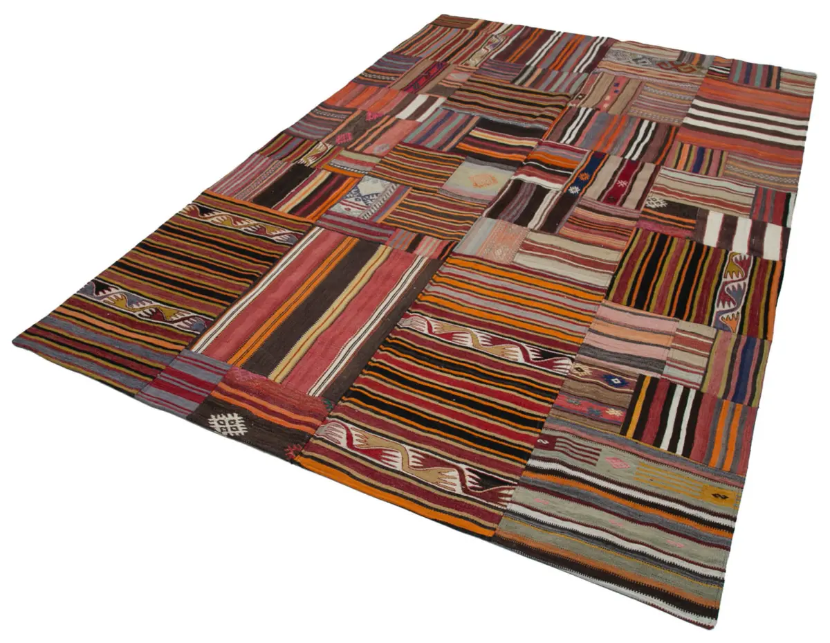 Anadolu Patchwork Multi Renk Pamuk Üzerine Yün El Dokuma Kilim-201x300 - Görsel 3