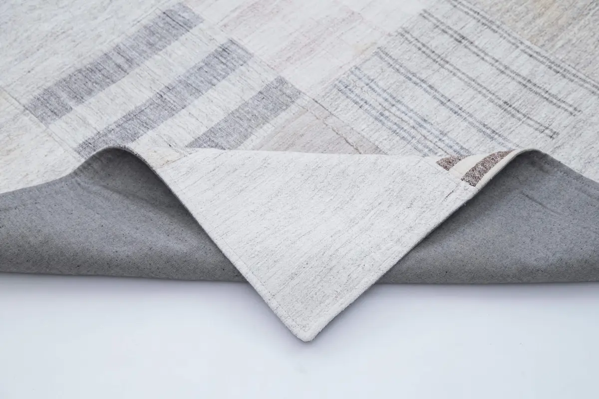 İnce Bez Patchwork Beyaz Pamuk Üzerine Yün El Dokuma Kilim-244x302 - Görsel 5