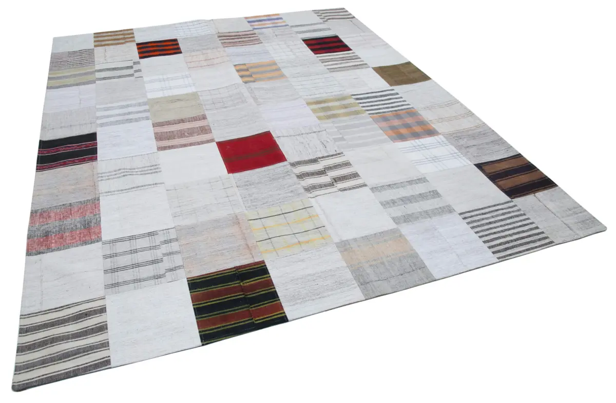 İnce Bez Patchwork Beyaz Pamuk Üzerine Yün El Dokuma Kilim-246x303 - Görsel 2