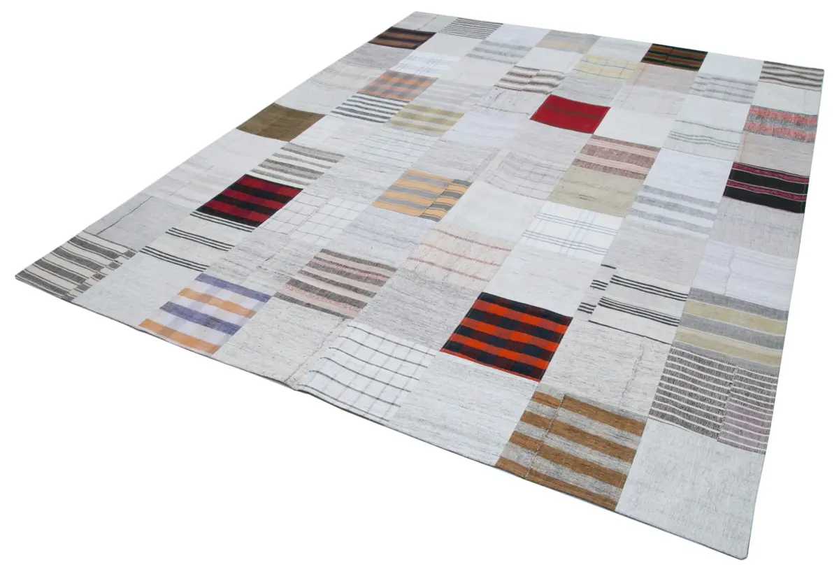 İnce Bez Patchwork Beyaz Pamuk Üzerine Yün El Dokuma Kilim-246x303 - Görsel 3