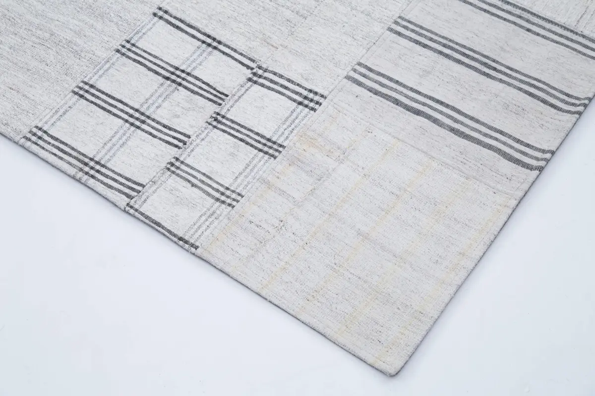 İnce Bez Patchwork Beyaz Pamuk Üzerine Yün El Dokuma Kilim-246x303 - Görsel 4