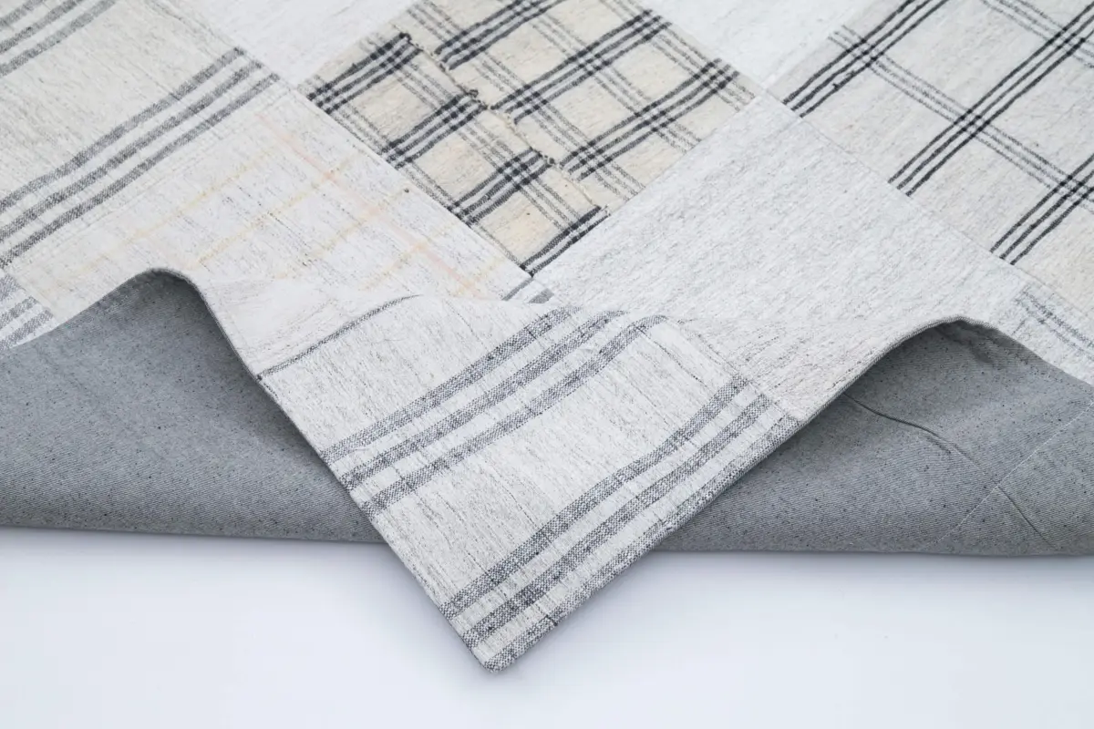 İnce Bez Patchwork Beyaz Pamuk Üzerine Yün El Dokuma Kilim-246x303 - Görsel 5