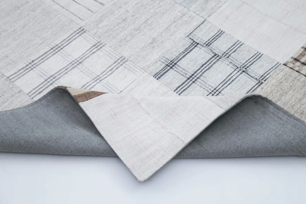 İnce Bez Patchwork Beyaz Pamuk Üzerine Yün El Dokuma Kilim-245x304 - Görsel 5