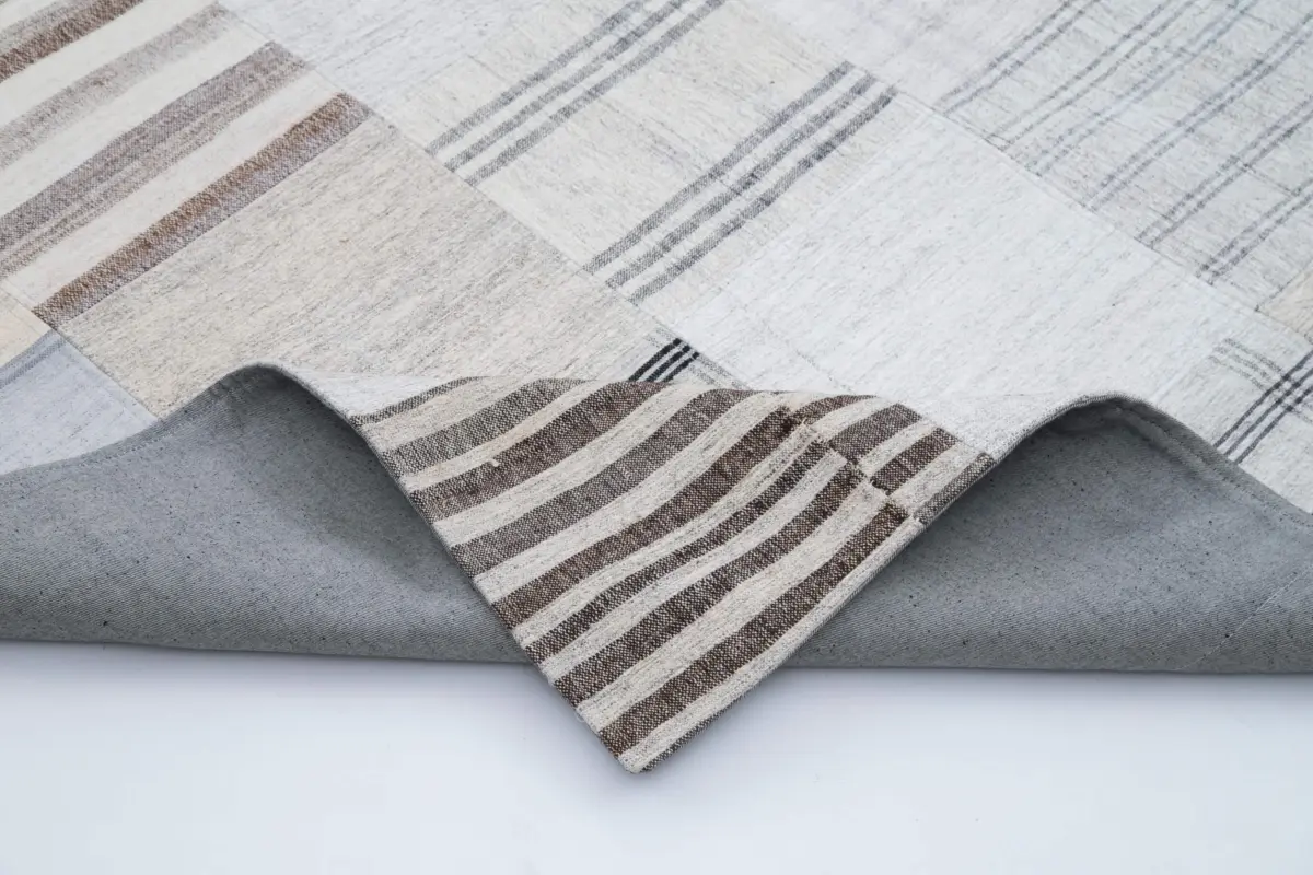 İnce Bez Patchwork Beyaz Pamuk Üzerine Yün El Dokuma Kilim-245x304 - Görsel 5