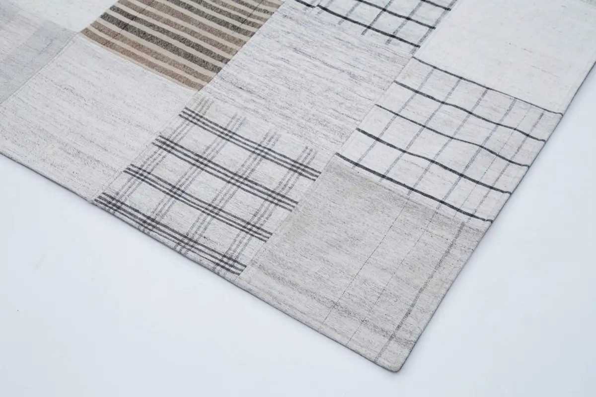 İnce Bez Patchwork Beyaz Pamuk Üzerine Yün El Dokuma Kilim-245x303 - Görsel 4