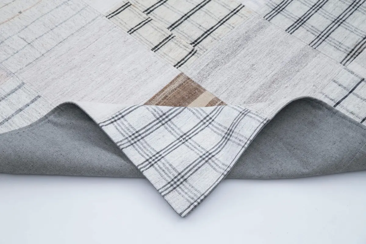 İnce Bez Patchwork Beyaz Pamuk Üzerine Yün El Dokuma Kilim-245x303 - Görsel 5