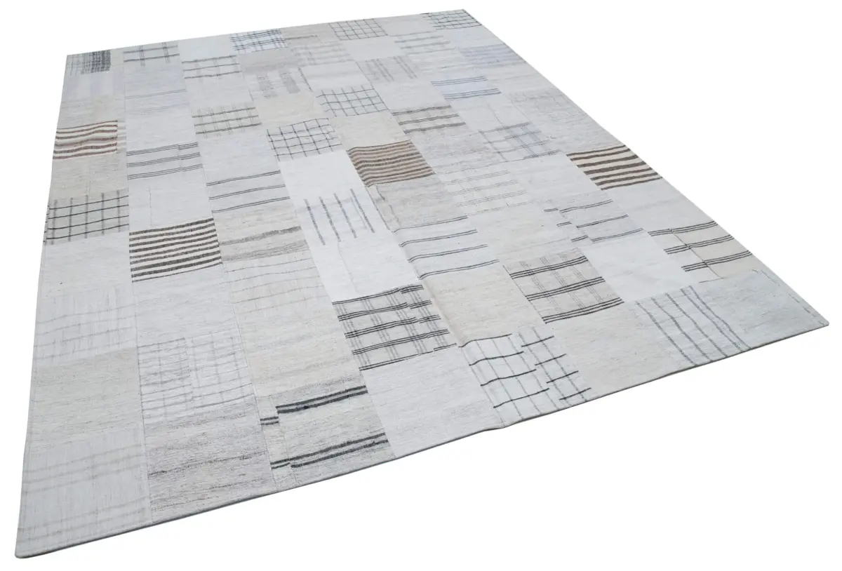 İnce Bez Patchwork Beyaz Pamuk Üzerine Yün El Dokuma Kilim-245x305 - Görsel 2