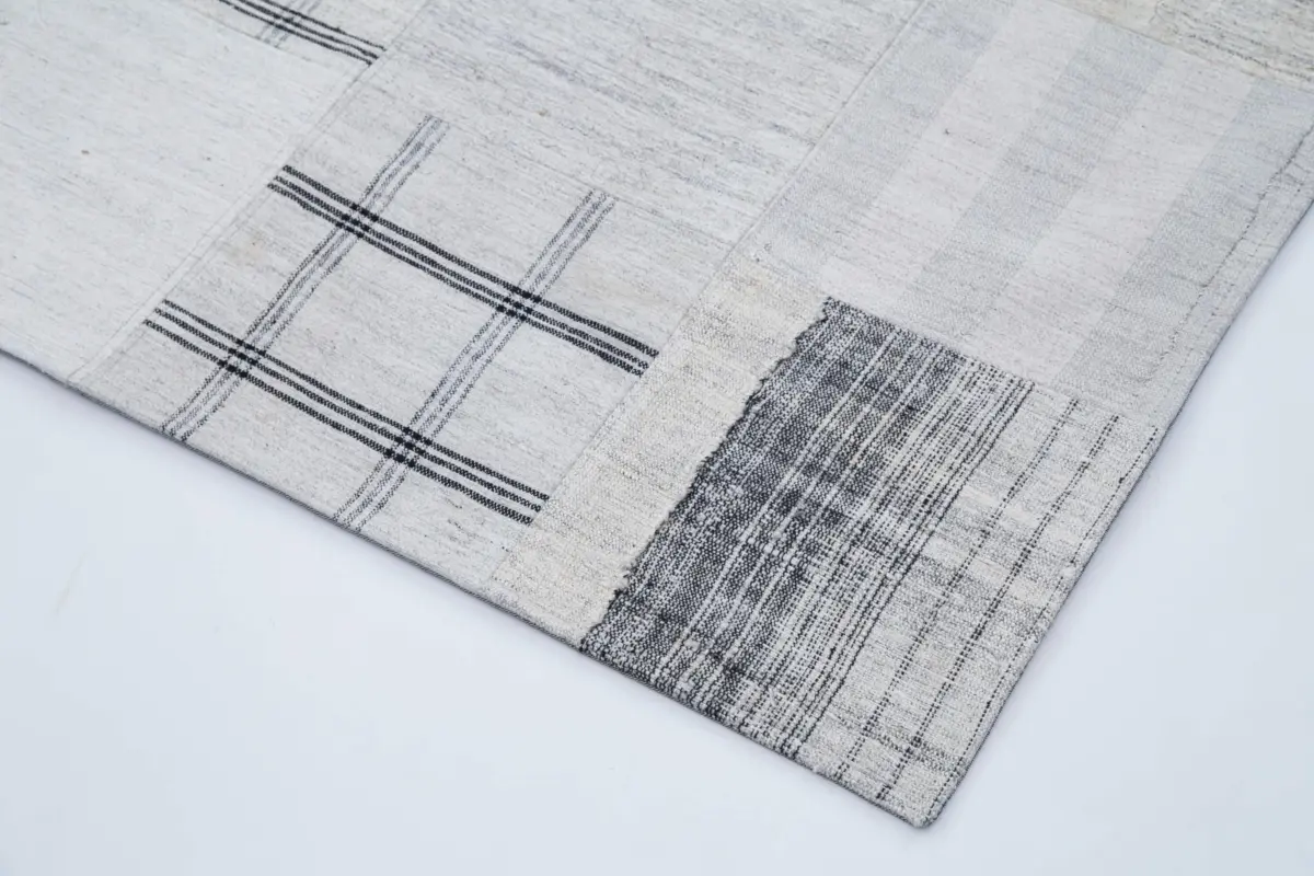 İnce Bez Patchwork Beyaz Pamuk Üzerine Yün El Dokuma Kilim-245x305 - Görsel 4