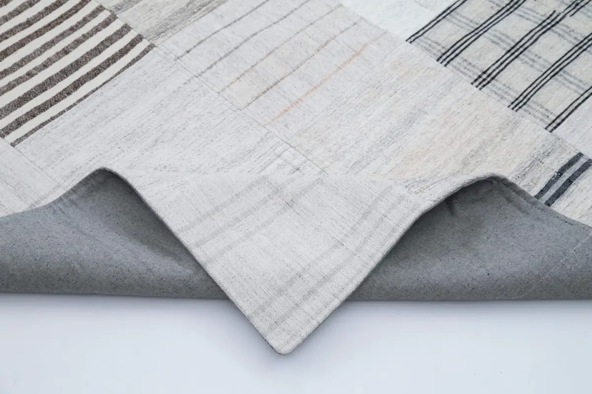 İnce Bez Patchwork Beyaz Pamuk Üzerine Yün El Dokuma Kilim-245x305 - Görsel 5