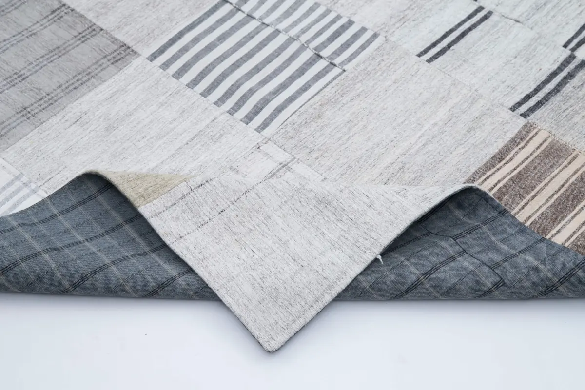 İnce Bez Patchwork Beyaz Pamuk Üzerine Yün El Dokuma Kilim-245x302 - Görsel 5