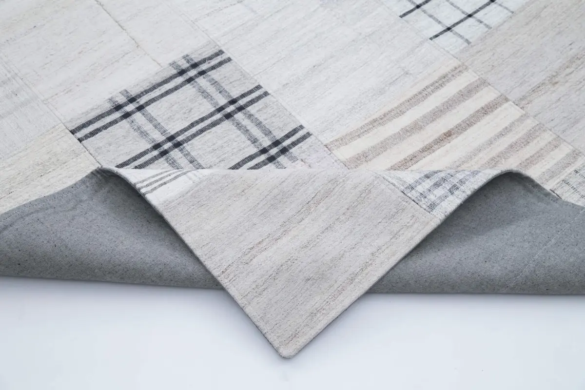 İnce Bez Patchwork Beyaz Pamuk Üzerine Yün El Dokuma Kilim-245x305 - Görsel 5