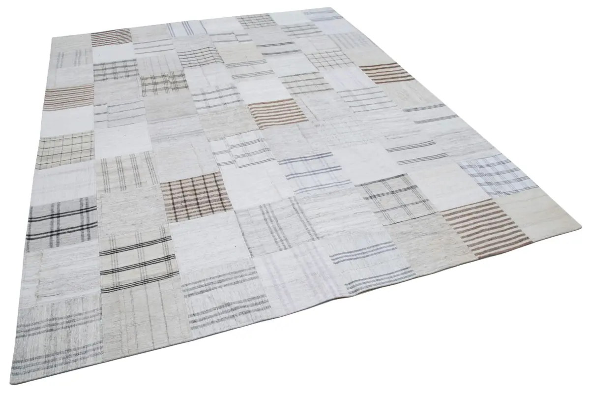 İnce Bez Patchwork Beyaz Pamuk Üzerine Yün El Dokuma Kilim-244x304 - Görsel 2