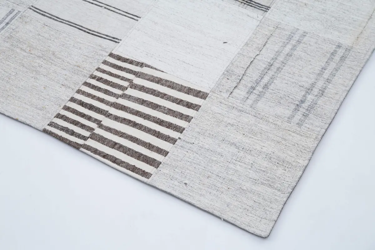 İnce Bez Patchwork Beyaz Pamuk Üzerine Yün El Dokuma Kilim-244x304 - Görsel 4