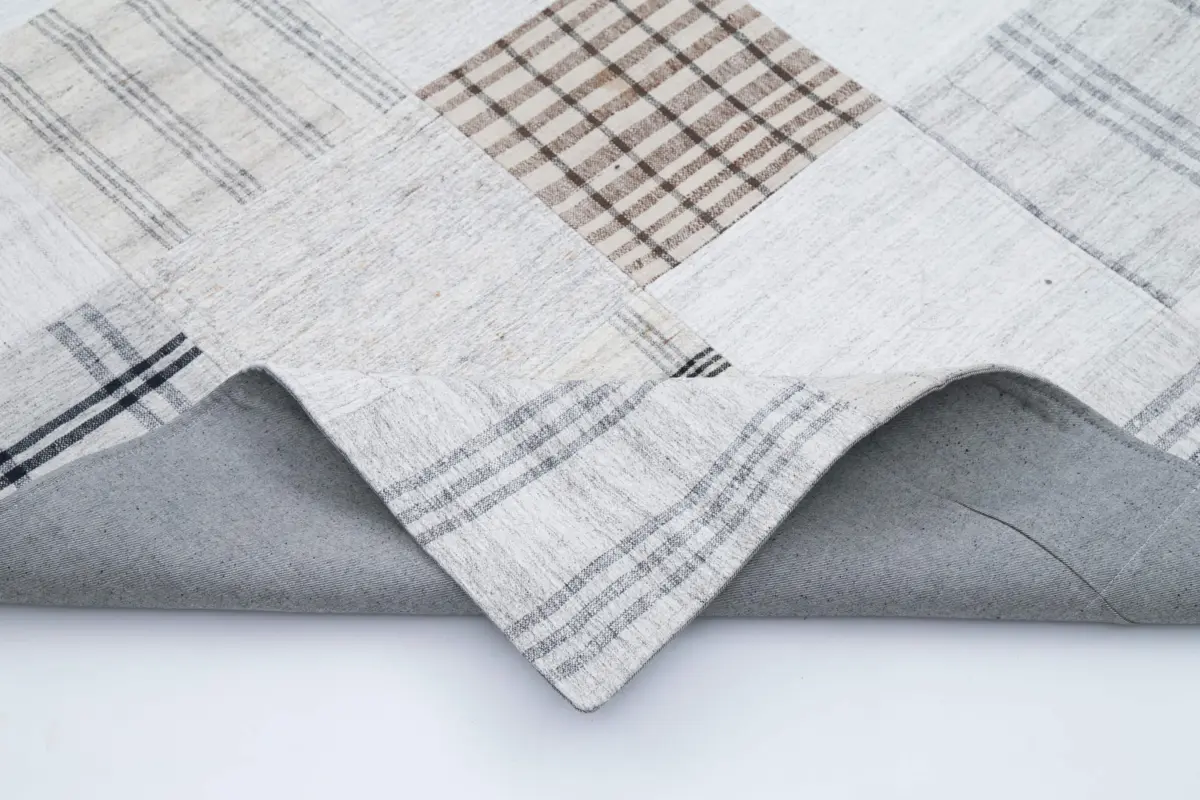 İnce Bez Patchwork Beyaz Pamuk Üzerine Yün El Dokuma Kilim-244x304 - Görsel 5