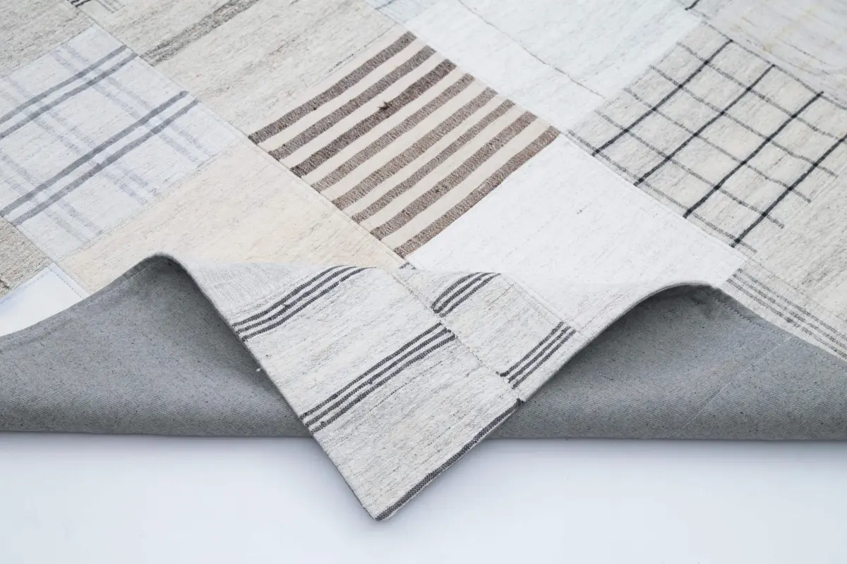 İnce Bez Patchwork Beyaz Pamuk Üzerine Yün El Dokuma Kilim-244x304 - Görsel 5