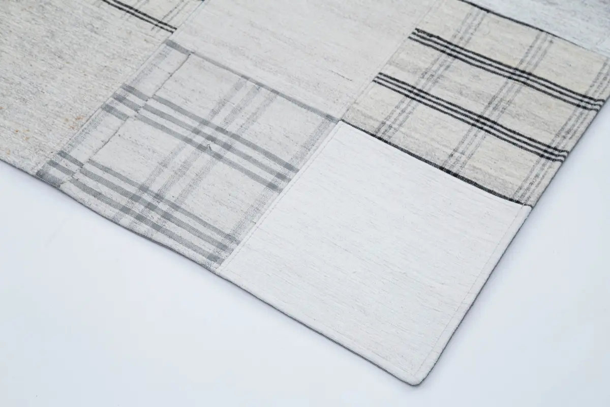 İnce Bez Patchwork Beyaz Pamuk Üzerine Yün El Dokuma Kilim-245x304 - Görsel 4