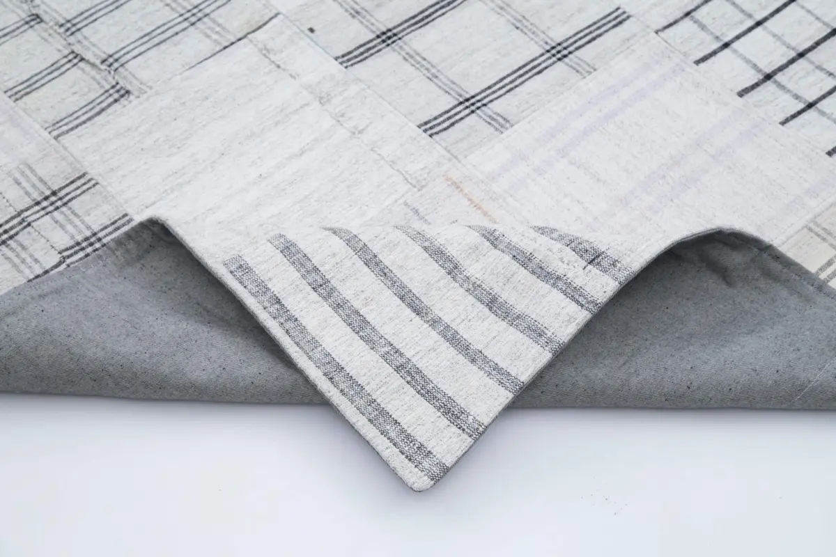 İnce Bez Patchwork Beyaz Pamuk Üzerine Yün El Dokuma Kilim-245x304 - Görsel 5