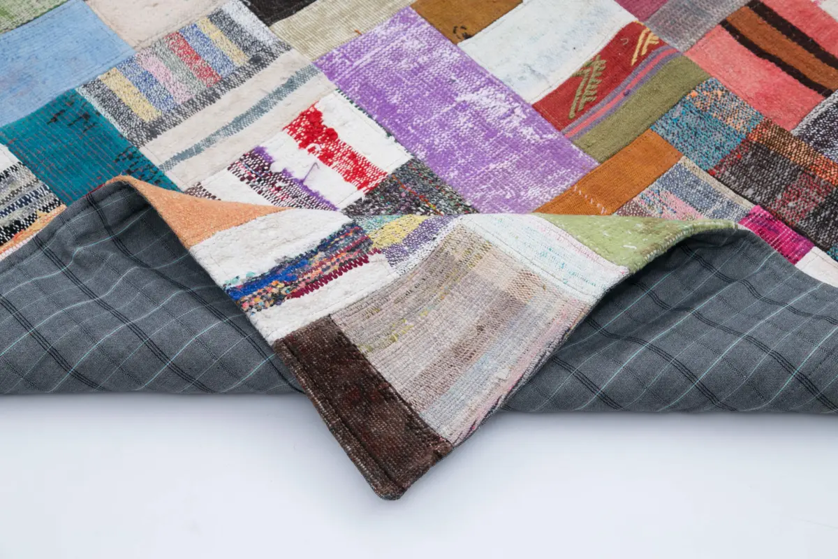 Chaput Patchwork Multi Renk Pamuk Üzerine Yün El Dokuma Kilim-255x350 - Görsel 5