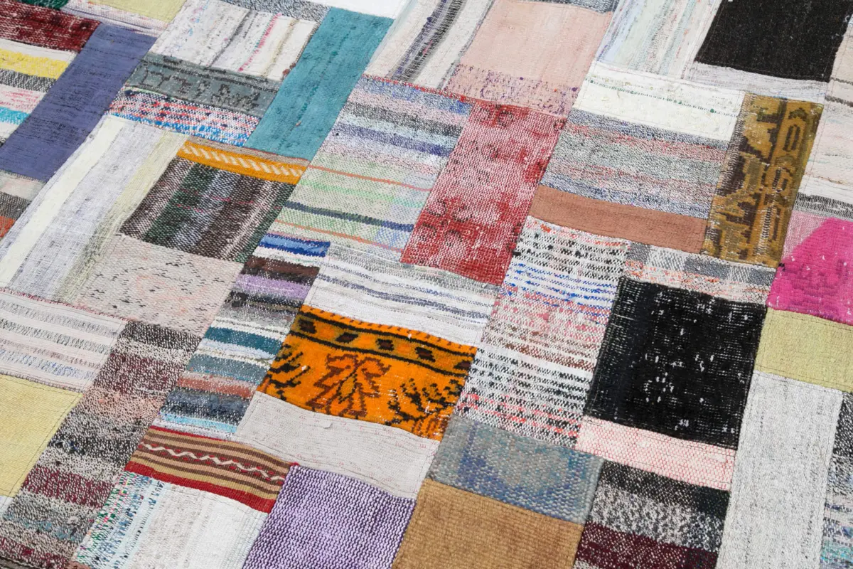 Chaput Patchwork Multi Renk Pamuk Üzerine Yün El Dokuma Kilim-255x350 - Görsel 6