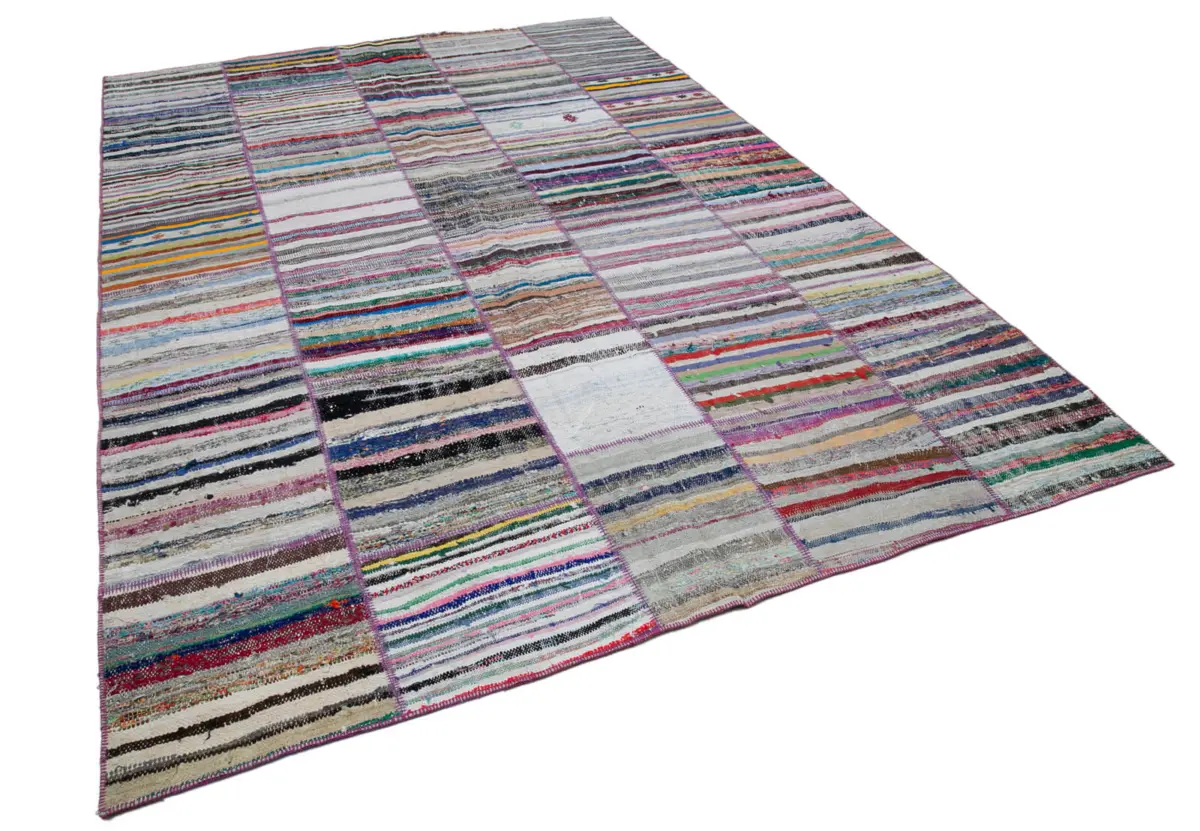 Chaput Patchwork Multi Renk Pamuk Üzerine Yün El Dokuma Kilim-242x350 - Görsel 2