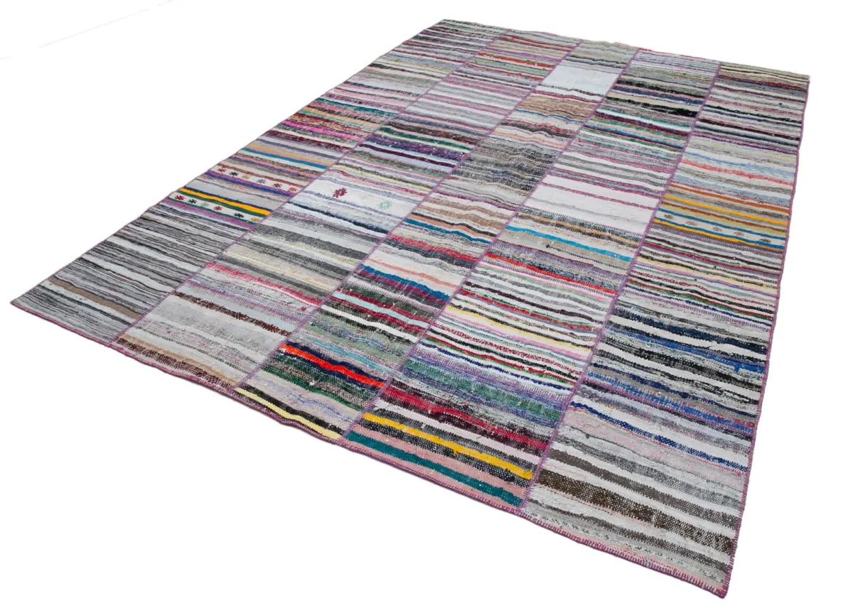 Chaput Patchwork Multi Renk Pamuk Üzerine Yün El Dokuma Kilim-242x350 - Görsel 3
