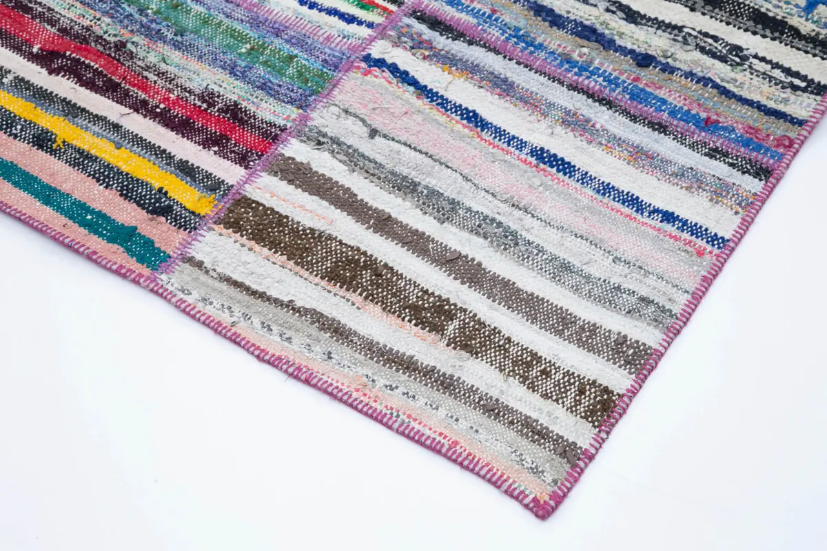 Chaput Patchwork Multi Renk Pamuk Üzerine Yün El Dokuma Kilim-242x350 - Görsel 4