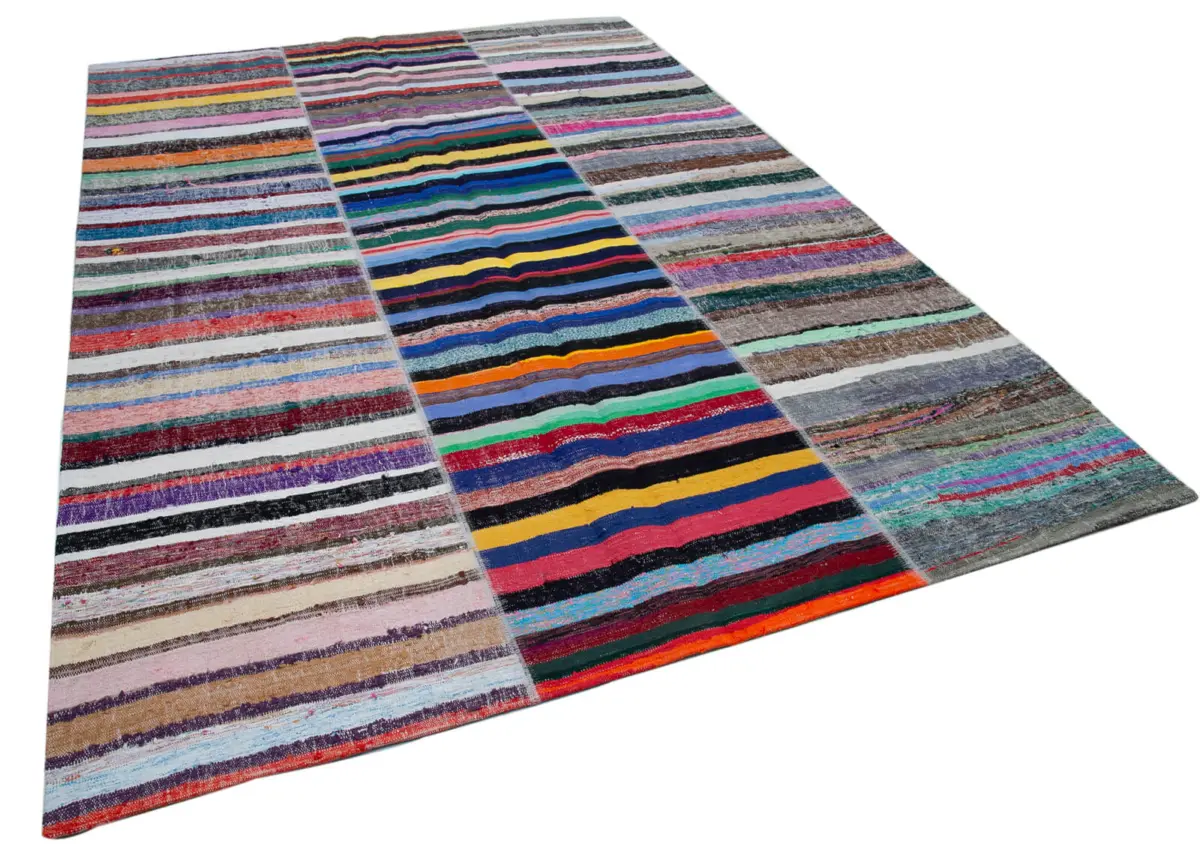 Chaput Patchwork Multi Renk Pamuk Üzerine Yün El Dokuma Kilim-243x351 - Görsel 2