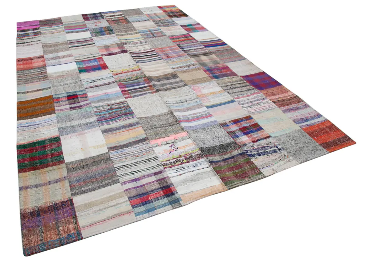 Chaput Patchwork Beyaz Renk Pamuk Üzerine Yün El Dokuma Kilim-240x357 - Görsel 2